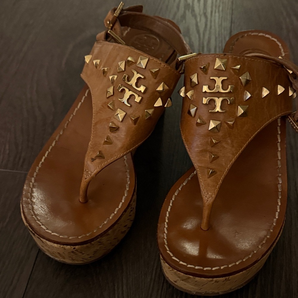 Tory Burch Tan Leather Studded Sandals